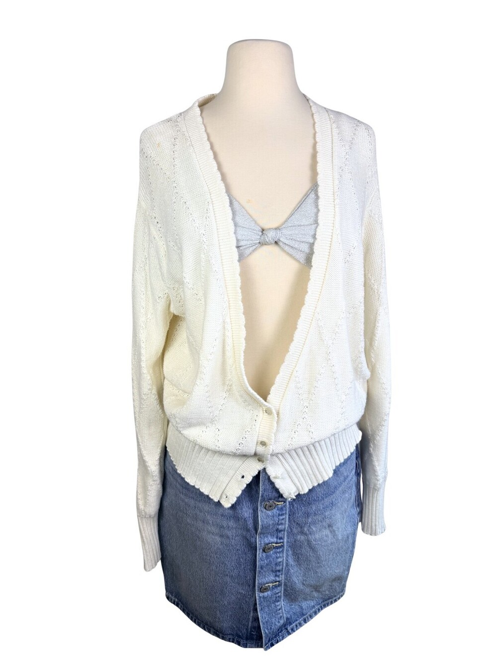 Vintage 90s White Pointelle Knit Cardigan USA Made Oversized Size M